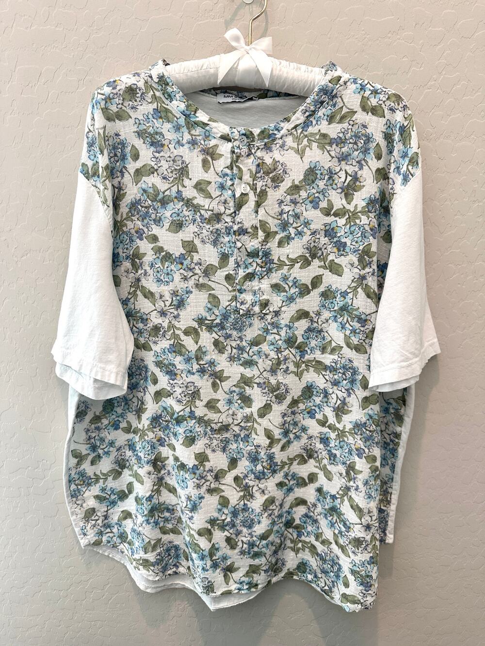 MM STUDIO Cotton Floral Button Front Top Blue White Cottagecore Feminine XXL